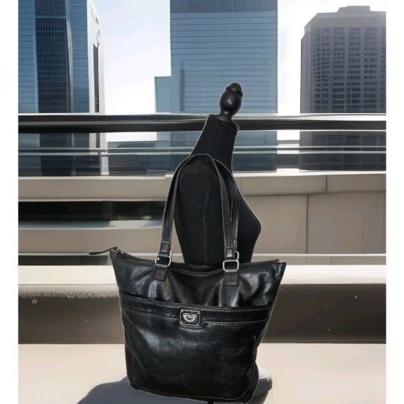 The Sak Large Distressed Leather Handbag Tote Black Zipper Expandable 16x14x3 - Picture 1 of 12